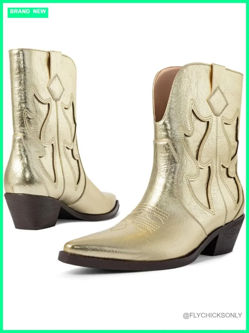 Women's Pointed Toe Metallic Embroidered Western Cowgirl Boots Chunky Heel